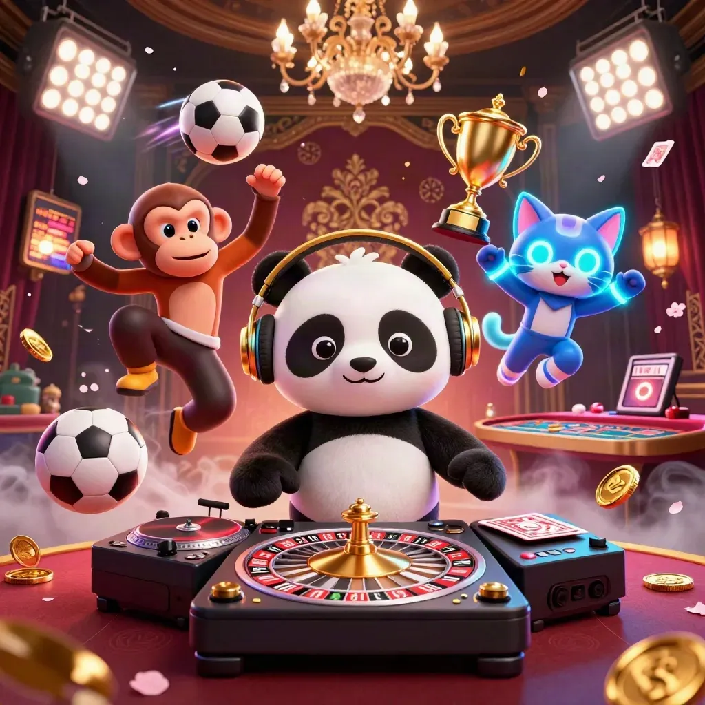 DJ panda, monkey, and glowing kitten in a luxe casino scene with lights, coins, and sports balls.