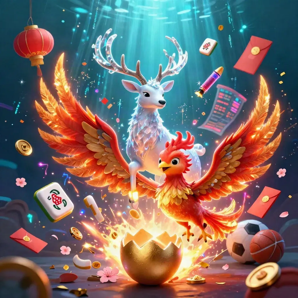 Fire phoenix, baby phoenix, and crystal stag amid casino game props in a neon underwater scene