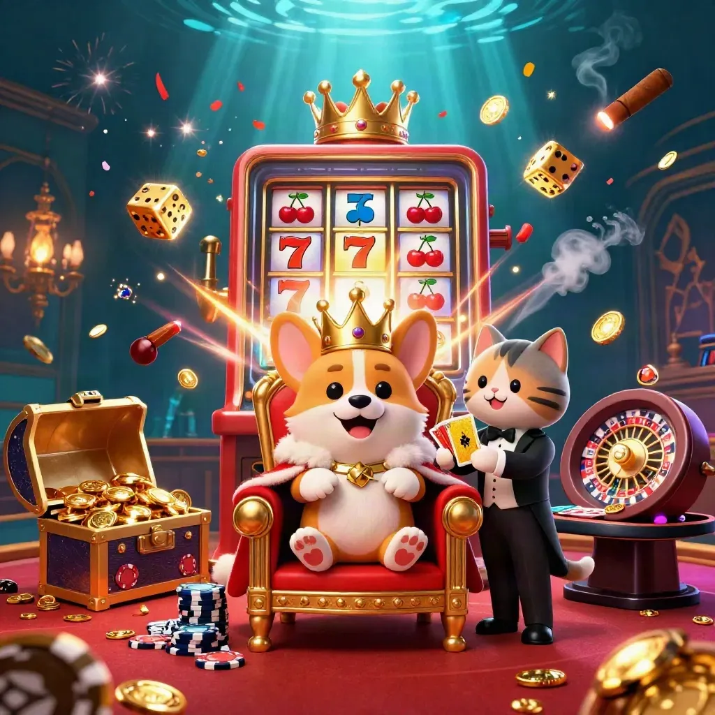 Royal corgi and cat butler amid slot magic, dice, roulette, and casino glow.