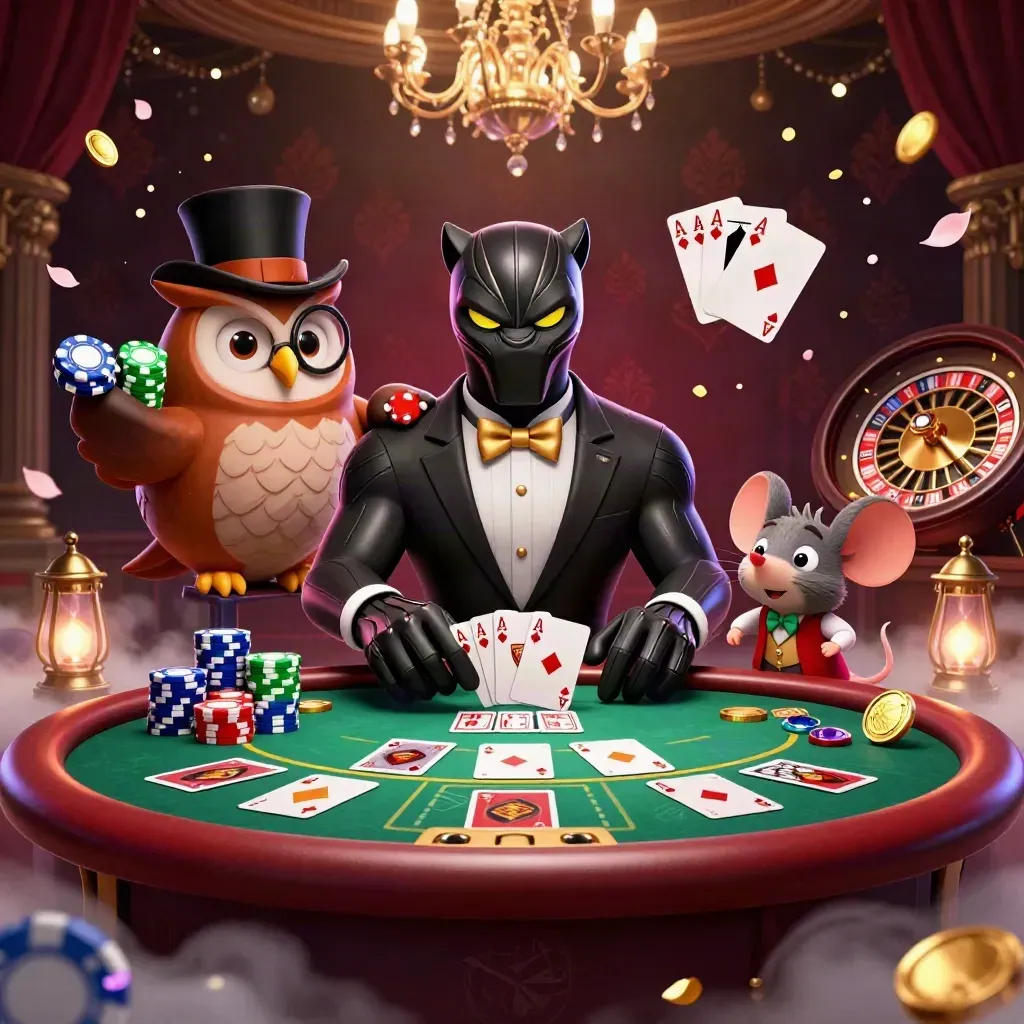 Panther, owl, and mouse in a luxe casino scene with chips, cards, and glowing lights.