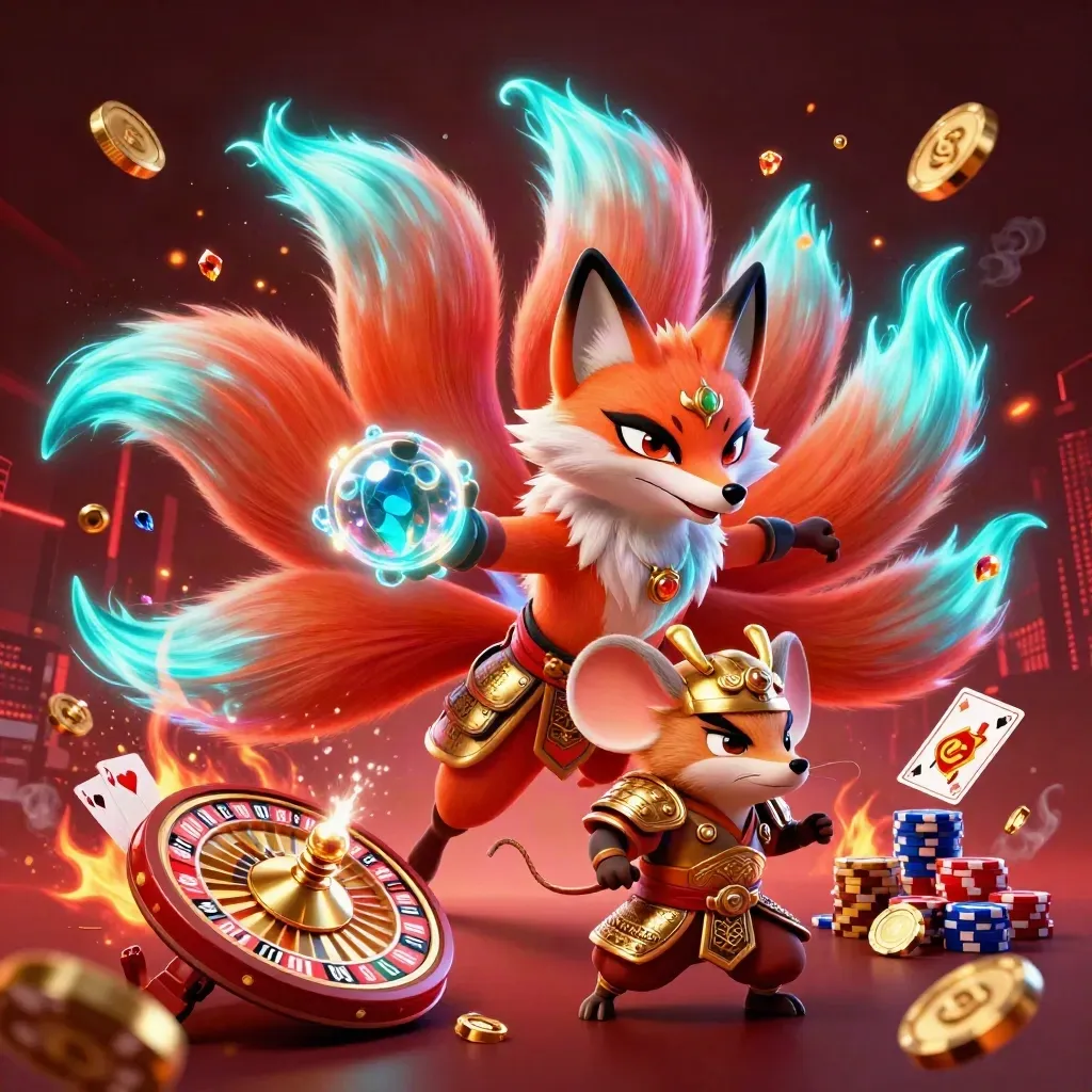 Neon fox spirit and samurai mouse amid coins, gems, cards, and casino glow