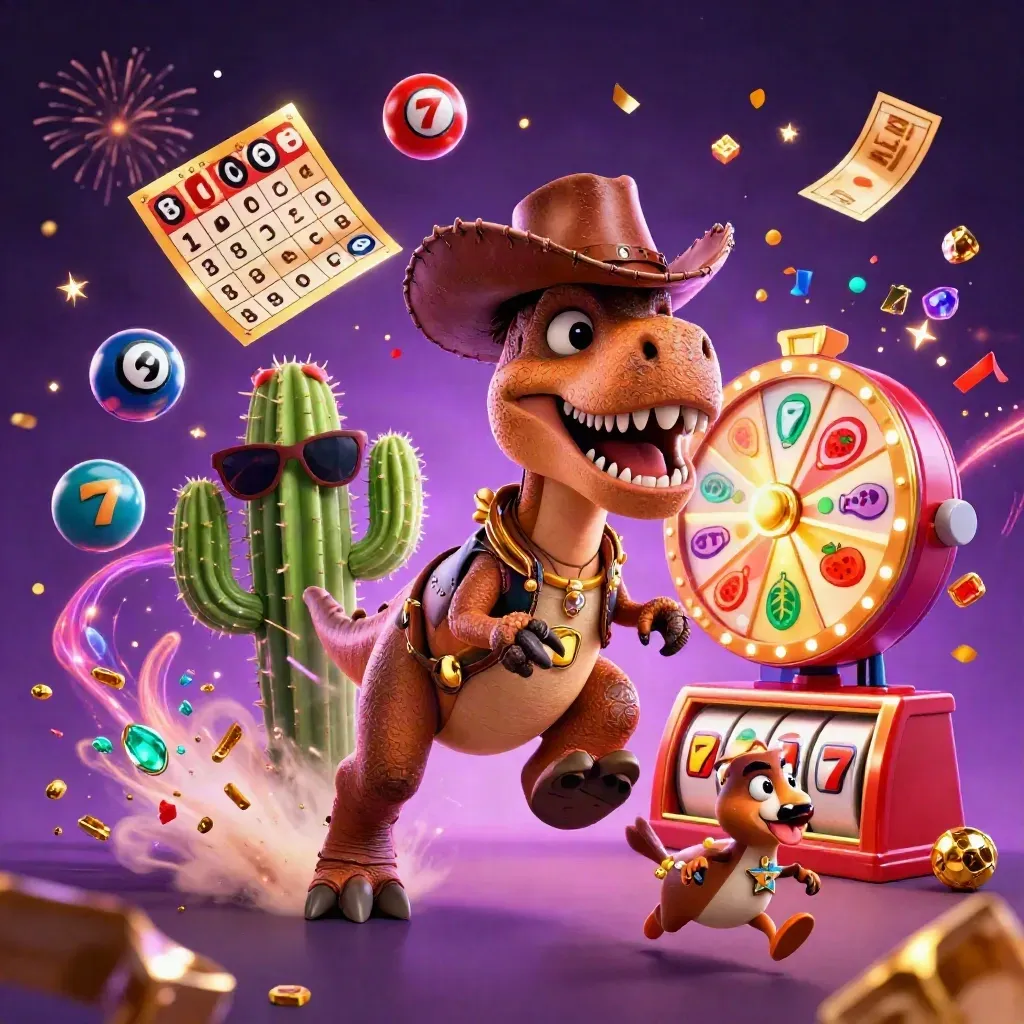 Cowboy T-Rex trio amid casino chaos, confetti, reels, fireworks, and glowing treasure bursts