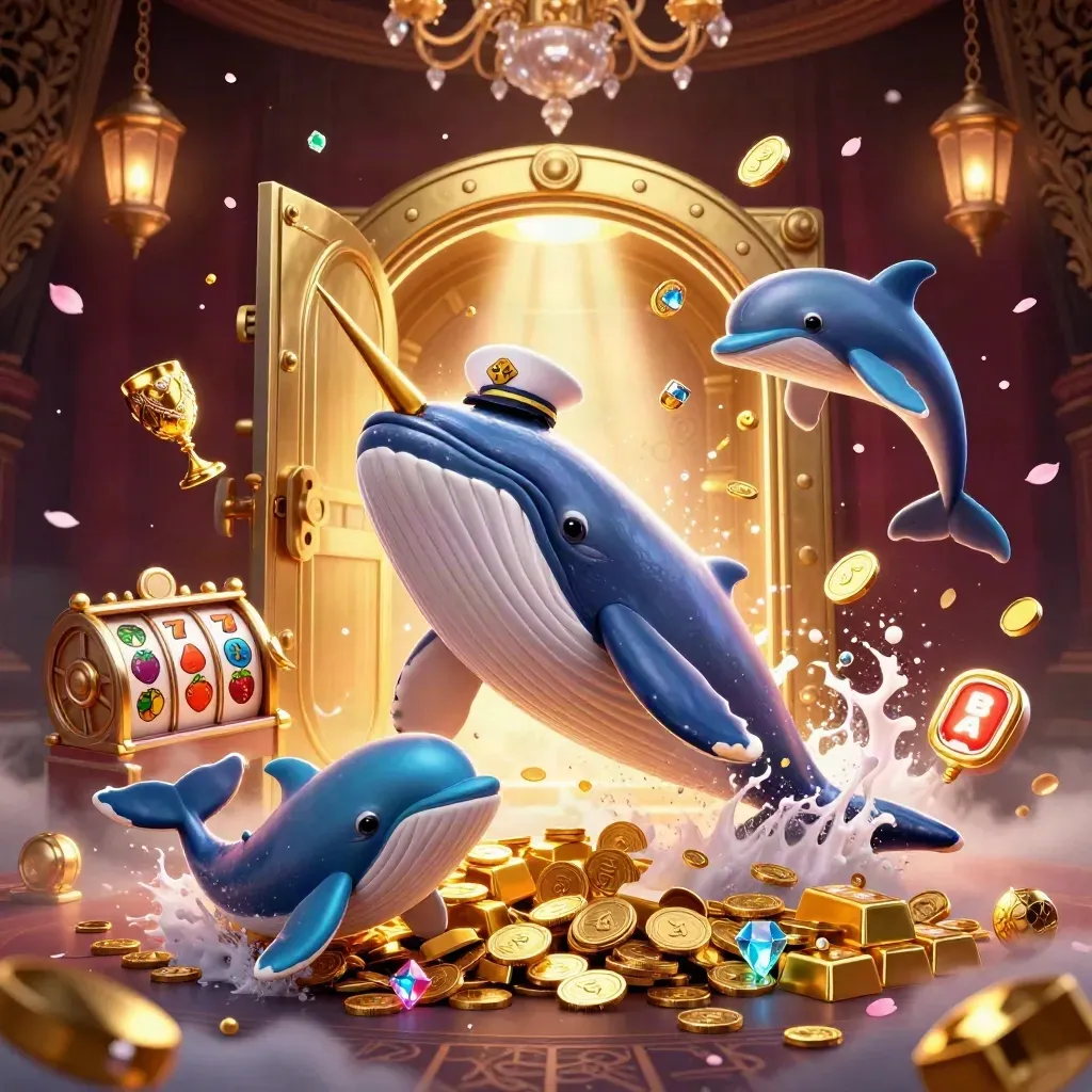 Captain whale, narwhal, and dolphins burst from coins with treasure and casino glow
