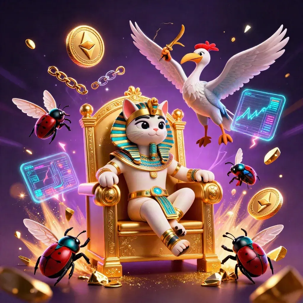 Pharaoh cat, ibis scribe, and gem-wing scarabs amid neon crypto magic
