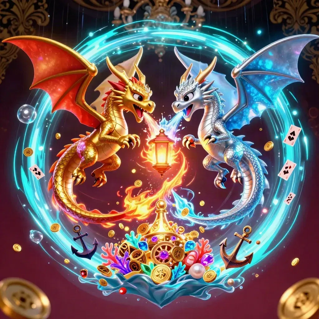 Twin gold and silver dragons spiral in cyan-lit treasure cove with a tiny lantern spirit.