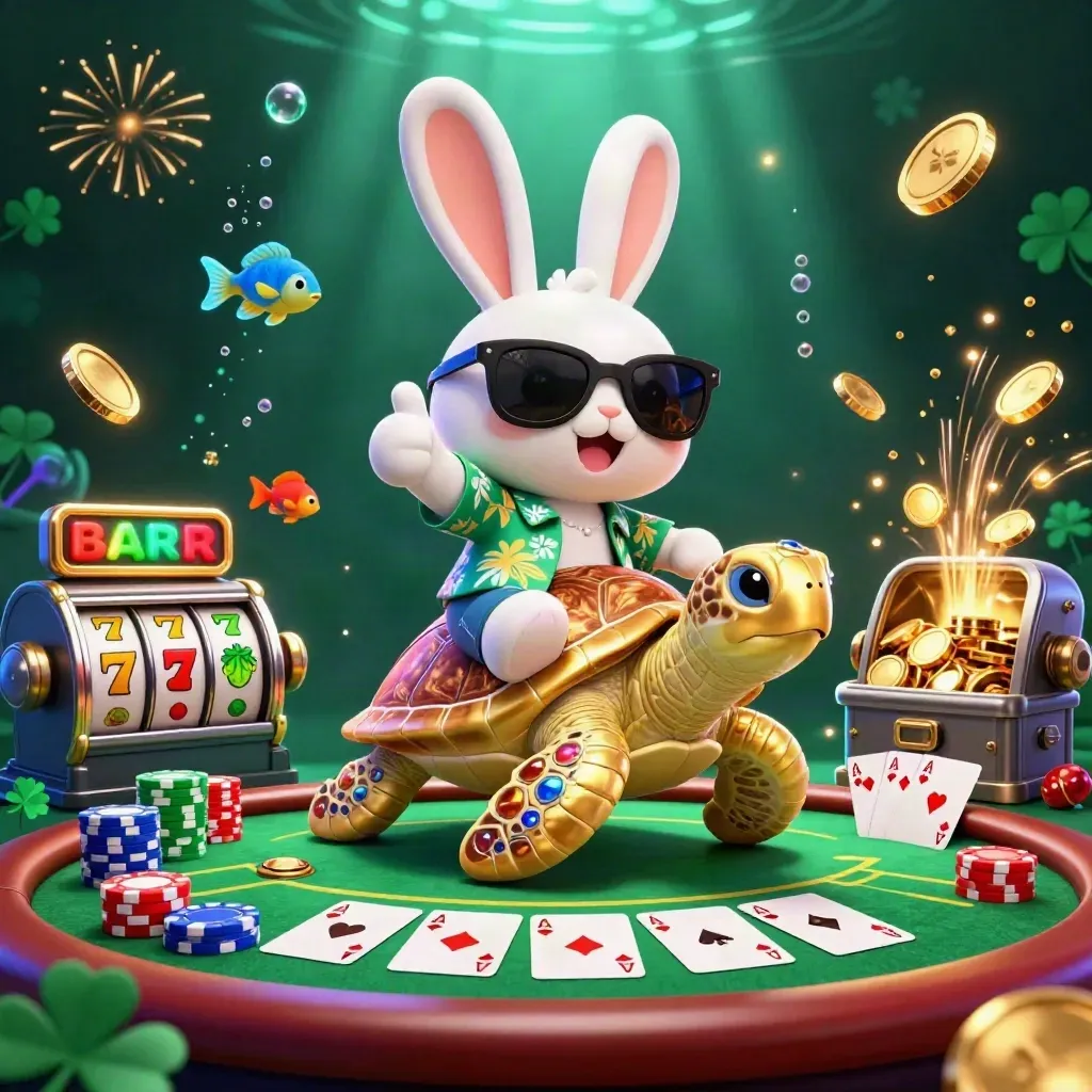 Cartoon rabbit on golden sea turtle amid casino chips, cards, coins, fireworks, and neon glow