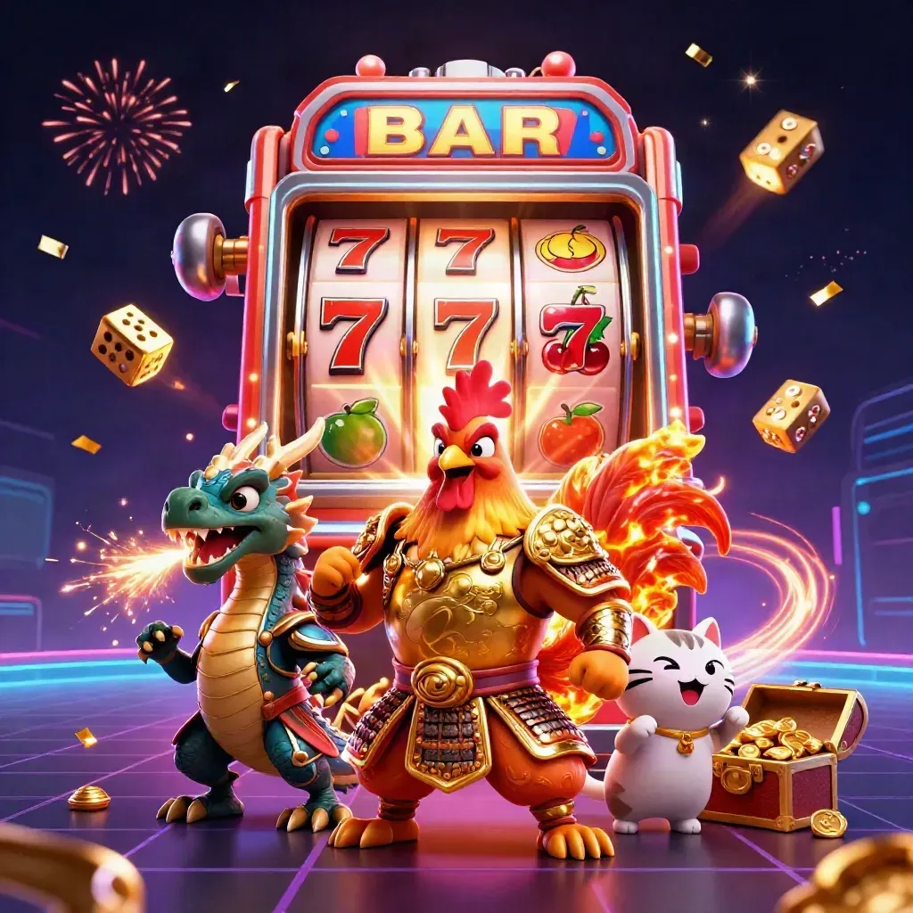 Rooster warrior, dragon hatchling, and fortune cat burst from a neon slot machine in a dark casino glow.